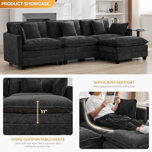 111'' Sectional Cloud Deep Seat Couch, Modern Comfy Chenille L Shaped Sectional - Image 3