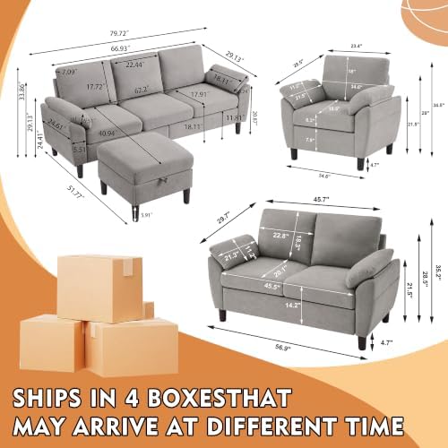 4 Piece Convertible Sectional Sofa Set, Modern Linen Small L Shaped Couch - Image 2