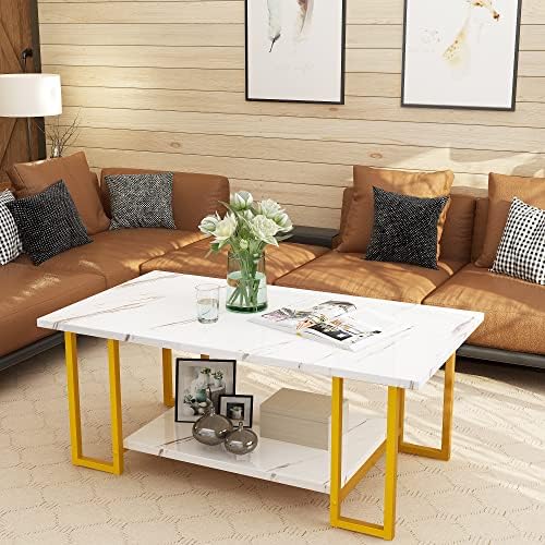 AWQM Marble Coffee Table, Faux Marble Top Rectangular Coffee Table - Image 3