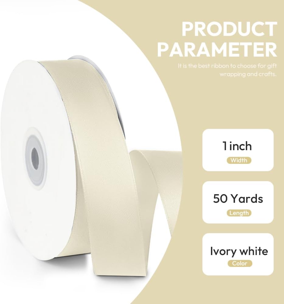 1" x 50 Yards Satin Ribbon - Ivory Silk Ribbon with Spool - Ideal for Gift Wrapping, Floral Bouquets, Crafts, Wedding Party Decorations, Christmas and Sewing Projects