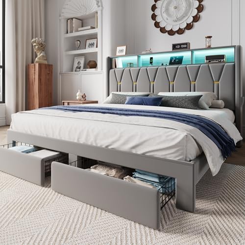SHA CERLIN King Bed Frame, 2 Storage Drawers & 2-Tier Storage Headboard by SHACERLIN