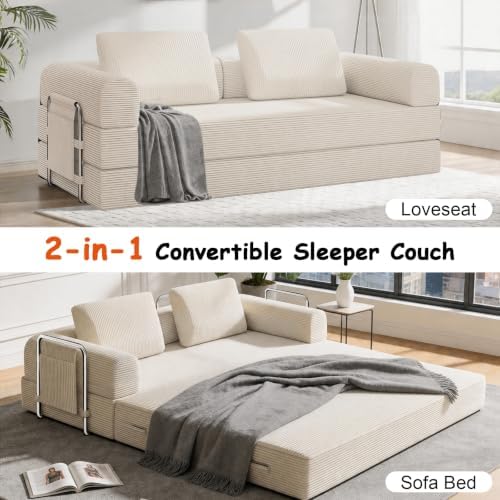 78" Convertible Sofa Bed, Corduroy Pull Out Couch - Image 3