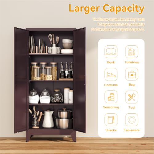 Metal Pantry Cabinet, Cherry Red Kitchen Storage Cabinets - Image 6