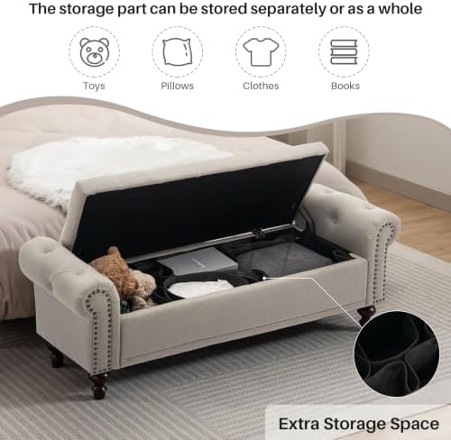 SOFTHION 58.1" Storage Bench for Bedroom, Linen Upholstered, Light Brown - Image 3
