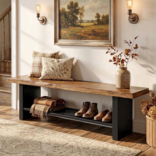 55" Solid Wood Bench with Shoe Storage, 2-Tier Farmhouse Entryway Bench - Image 6