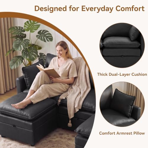 27" Black Faux Leather Storage Ottoman, Large Square Footrest - Image 5