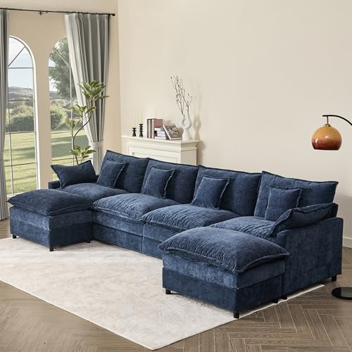 GOSUHI 142.5" U-Shaped Modular Cloud Couch, Deep Seat, Chenille Navy by GOSUHI