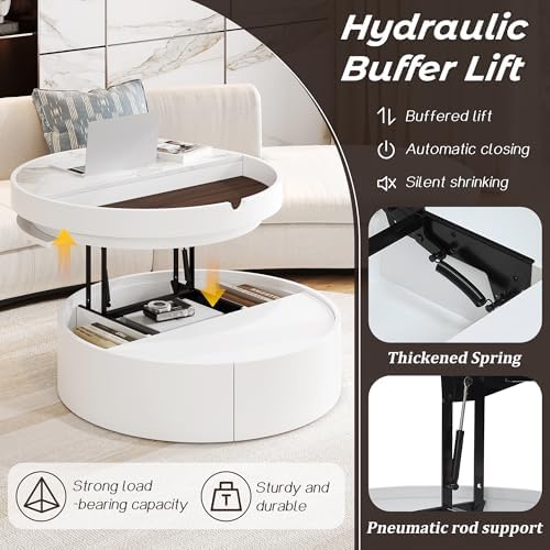 29.5" White Coffee Table with Storage Drawer, Round Lift Top Side Table - Image 3
