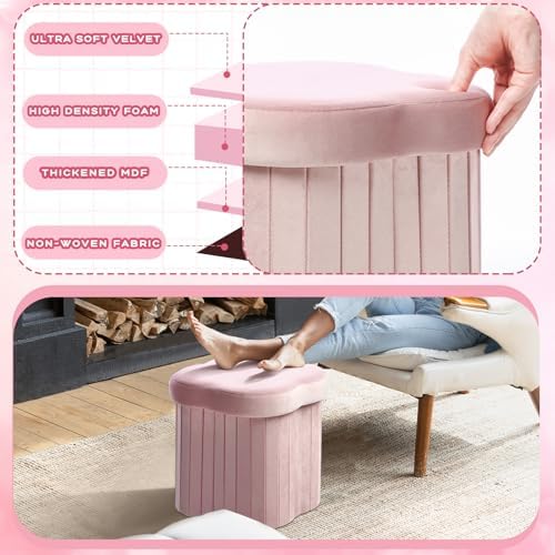 Qinyoung 2 Pcs Storage Ottoman Flower Shaped Foot Stools Foldable Velvet - Image 5