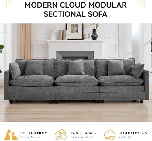 111'' Sectional Cloud Deep Seat Couch, Modern Comfy Chenille Modular Sectional - Image 6