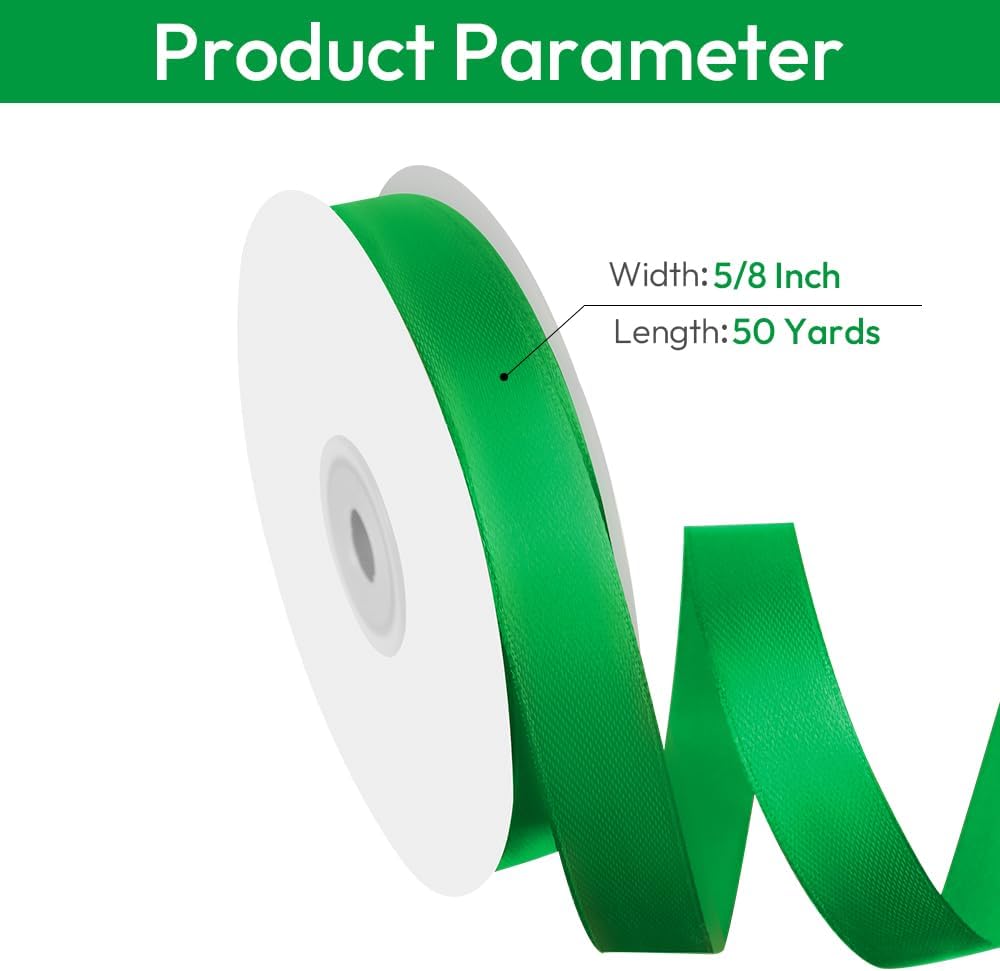 5/8" Width x 50 Yards Satin Fabric Ribbon, Green Ribbon Perfect for DIY Bows, Swags, Gift Wrapping, Craft, Flower Bouquet，Christmas and Party Decoration