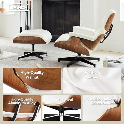 Top White Grain Leather, Mid Century Chaise Lounge Chair and Ottoman, Modern - Image 6