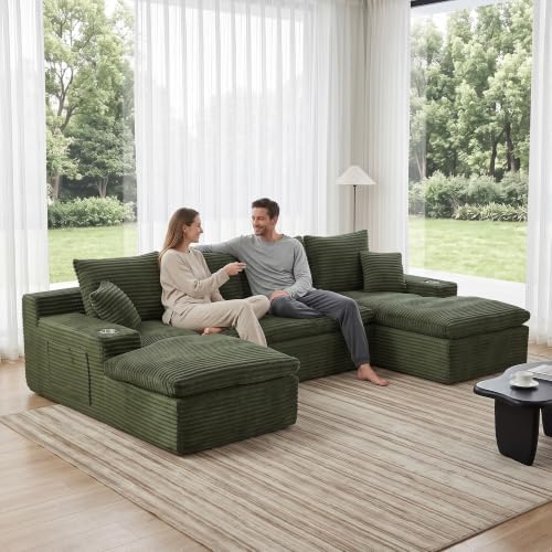 120" Modular Sectional Sofa, U Shaped Boneless Cloud Couch Green by Easilive
