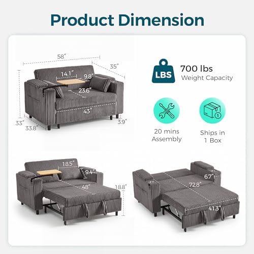LINSY HOME 3-in-1 Pull Out Sofa Bed, 360° Swivel Table, Storage Armrests - Image 2