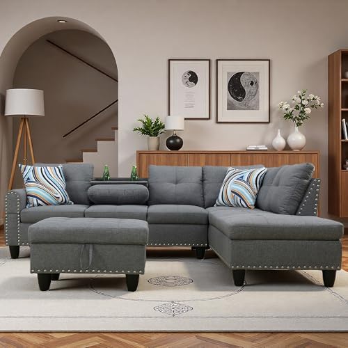 L-Shaped Couch Set, 97.5" L x 69.5" W Sectional Sofas Linen Grey - Image 6