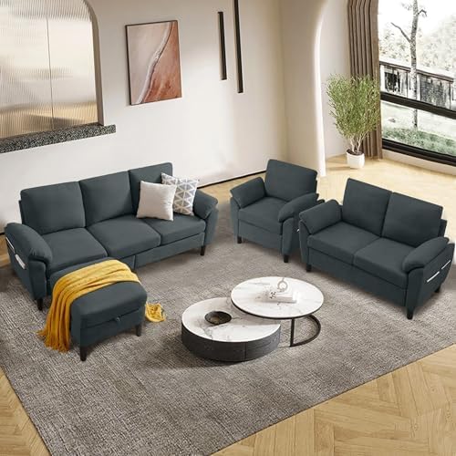 4 Piece Convertible Sectional Sofa Set, Modern Linen Small L Shaped Couch - Image 3