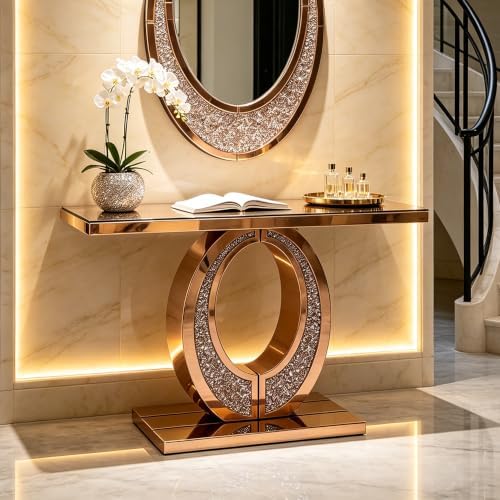 Mirrored Console Table with Crushed Diamond Inlay, 39.3" Oval-Shaped - Image 4