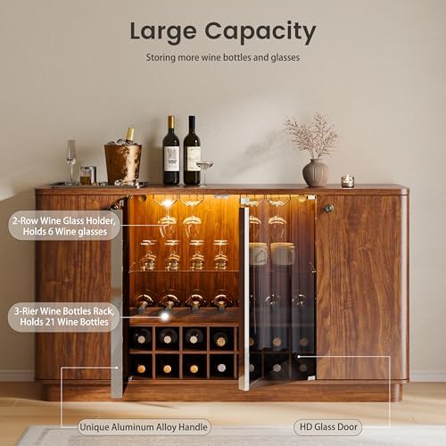 Coffee Bar Cabinet with LED Light & Glass Doors, Coffee Station Sideboard - Image 3