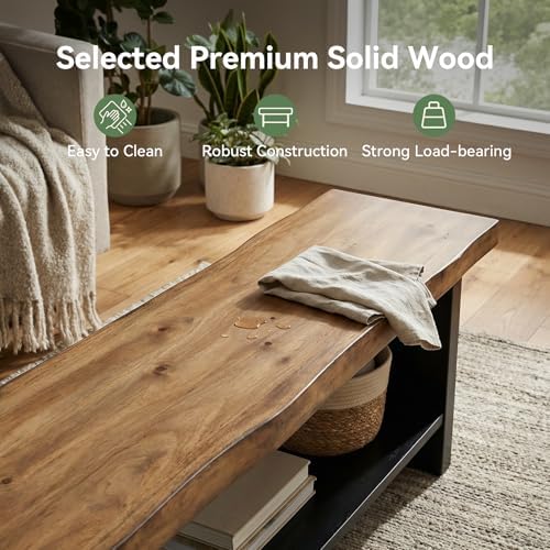 55" Solid Wood Bench with Shoe Storage, 2-Tier Farmhouse Entryway Bench - Image 4