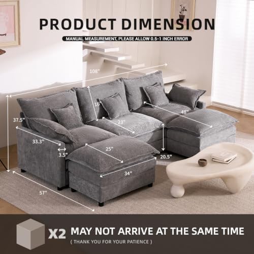 GOSUHI 108" U-Shaped Modular Cloud Couch, Deep Seat, Chenille Slate - Image 2