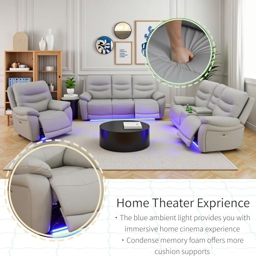 Power Recliner Sofa Set with LED Lights, Air Leather Reclining Sofa with Charge - Image 5