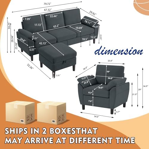 3 Piece Convertible Sectional Sofa Set, Modern Linen Small L Shaped Couch - Image 2
