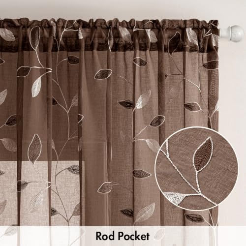 MIULEE Chocolate Brown Sheer Curtains 2 Panels Leaf Patterned, W52 x L63 - Image 6