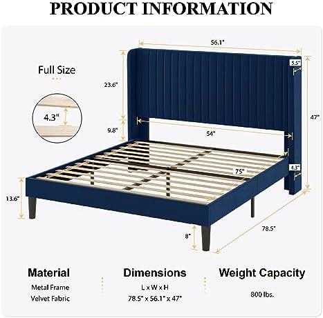 SHA CERLIN Full Size Velvet Bed Frame, Tufted Wingback Headboard - Image 2