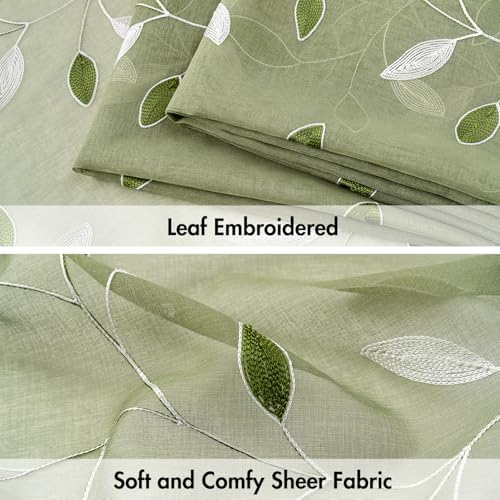 MIULEE Sage Green Sheer Curtains 2 Panels Leaf Patterned, W52 x L84 - Image 4