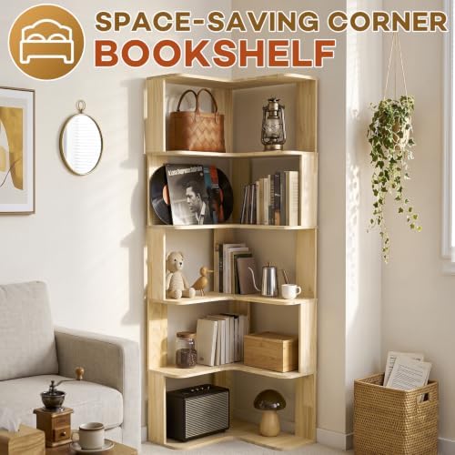 RUNSUNSPRI Tall Corner Bookshelf, 6-Tier Solid Wood L-Shaped Corner Shelf - Image 6