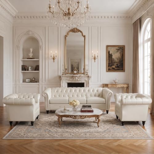 3 Piece Living Room Set, Chesterfield Sofa & 2 Accent Chairs, Faux Leather by EYBCTHOME