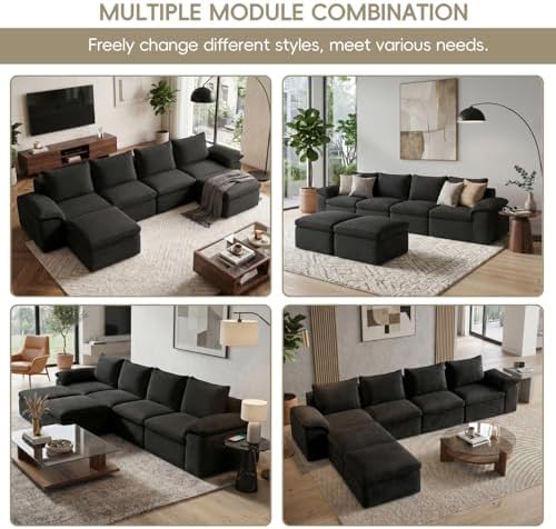 132" Cloud Sectional Couch, U-Shaped Convertible Modular Sofa Black - Image 3