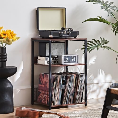 LELELINKY Walnut Oak 18" Wide End Table, 3 Tier Large Record Player Stand - Image 4