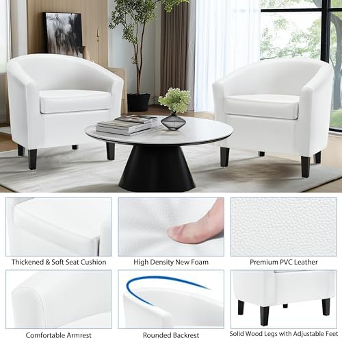 Yaheetech Accent Chairs Set of 2, Faux Leather Barrel Armchairs White - Image 5