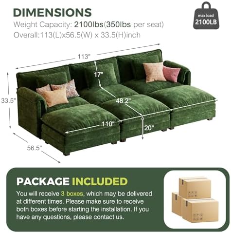 ELUCHANG 113" L Shaped Modular Sectional Couch, Comfy 6-Seat Cloud Couch - Image 2