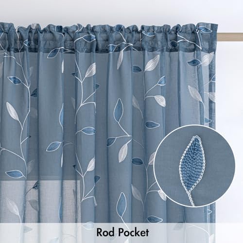 MIULEE Stone Blue Sheer Curtains 2 Panels Leaf Patterned, W52 x L84 - Image 6