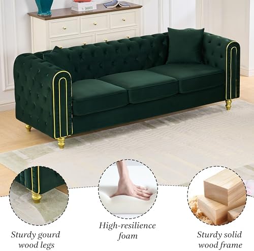 86" Chesterfield 3-Seater Velvet Sofa Couch, Button Tufted Rolled Arms - Image 4