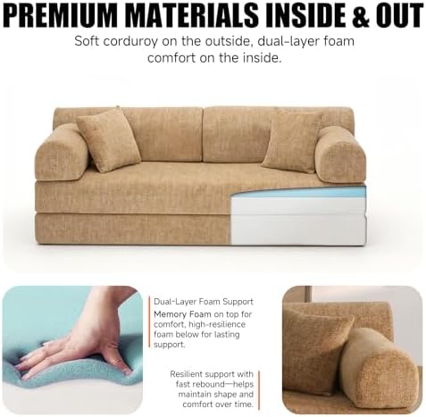 79" Memory Foam Sofa Bed, High Backrest Convertible Futon Boneless Couch - Image 5