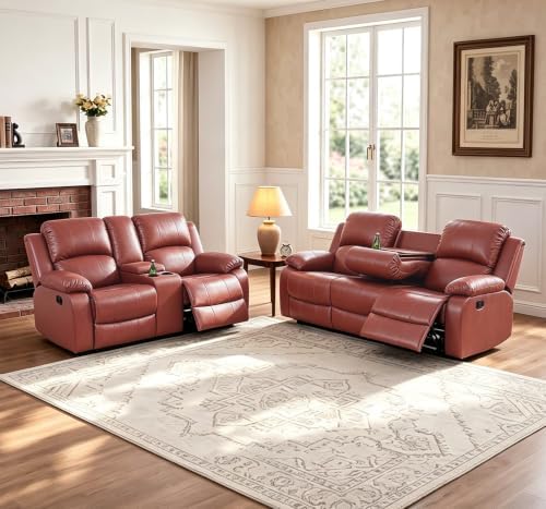 2 Pieces Leather Recliner Sofa Set，Recliner Sofa and Loveseat Sets by Caberryne