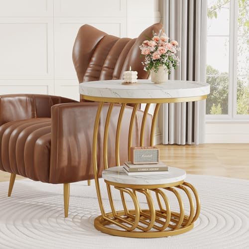 Tribesigns Gold Round End Table: 2 Tiers Faux Marble Side Table - Image 4