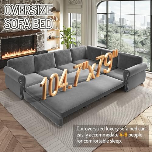 118" Chenille L-Shaped Pull-Out Sectional Vintage Sleeper Sofa, Light Grey - Image 6
