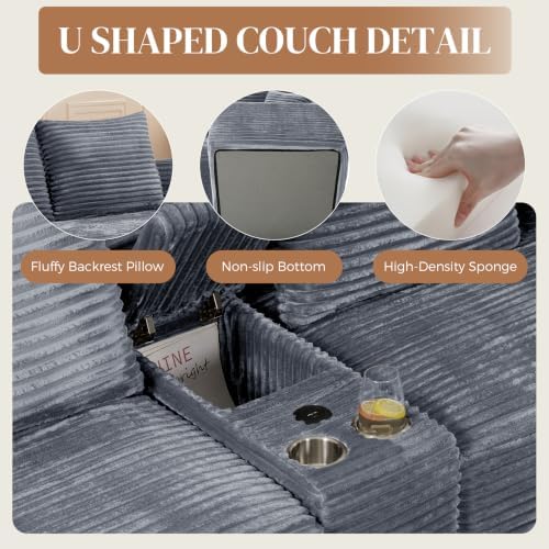 127" U Shaped Cloud Couch Modular Sectional Sofa, Comfy Fluffy Corduroy Grey - Image 4