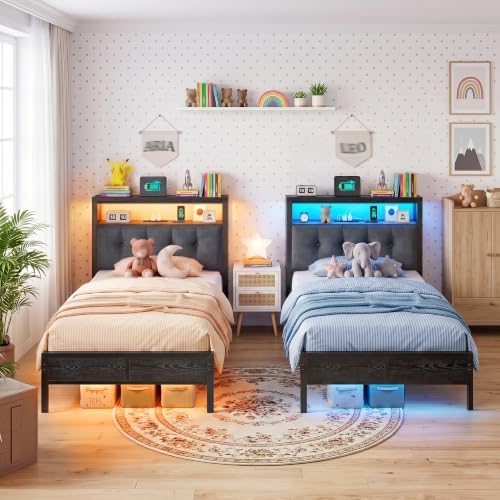 Homkdom Twin Bed Frame with Upholstered Headboard & Charging Station - Image 7
