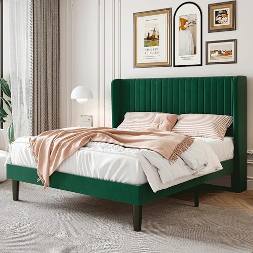 SHA CERLIN Queen Size Velvet Bed Frame, Tufted Wingback Headboard by SHACERLIN
