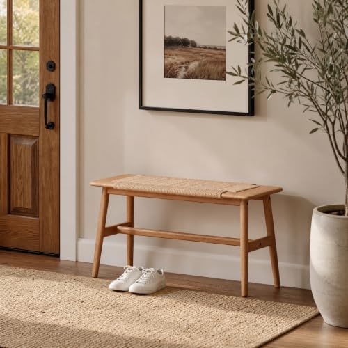 31.5'' Woven Dining Beach with 100% Solid Oak Wood Bench Frame, Hand Knitted - Image 4