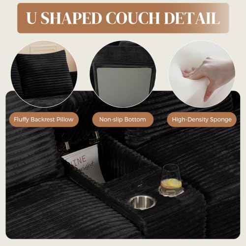 127" U Shaped Cloud Couch Modular Sectional Sofa, Comfy Fluffy Corduroy Black - Image 5