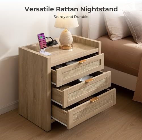 SICOTAS Rattan Nightstand for Bedroom, Tall Bedside Table - Image 3