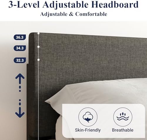 Allewie King Size Upholstered Bed Frame Adjustable Headboard, Dark Grey - Image 4