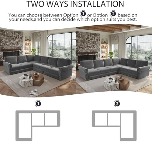 118" Chenille L-Shaped Pull-Out Sectional Vintage Sleeper Sofa, Light Grey - Image 5
