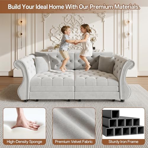 83.8" Velvet Pull-Out Chesterfield Sleeper Sofa Bed, Light Grey - Image 5